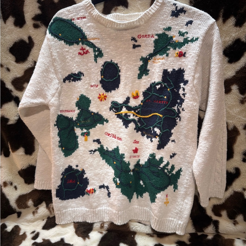 Map Design Sweater - Cream and Green